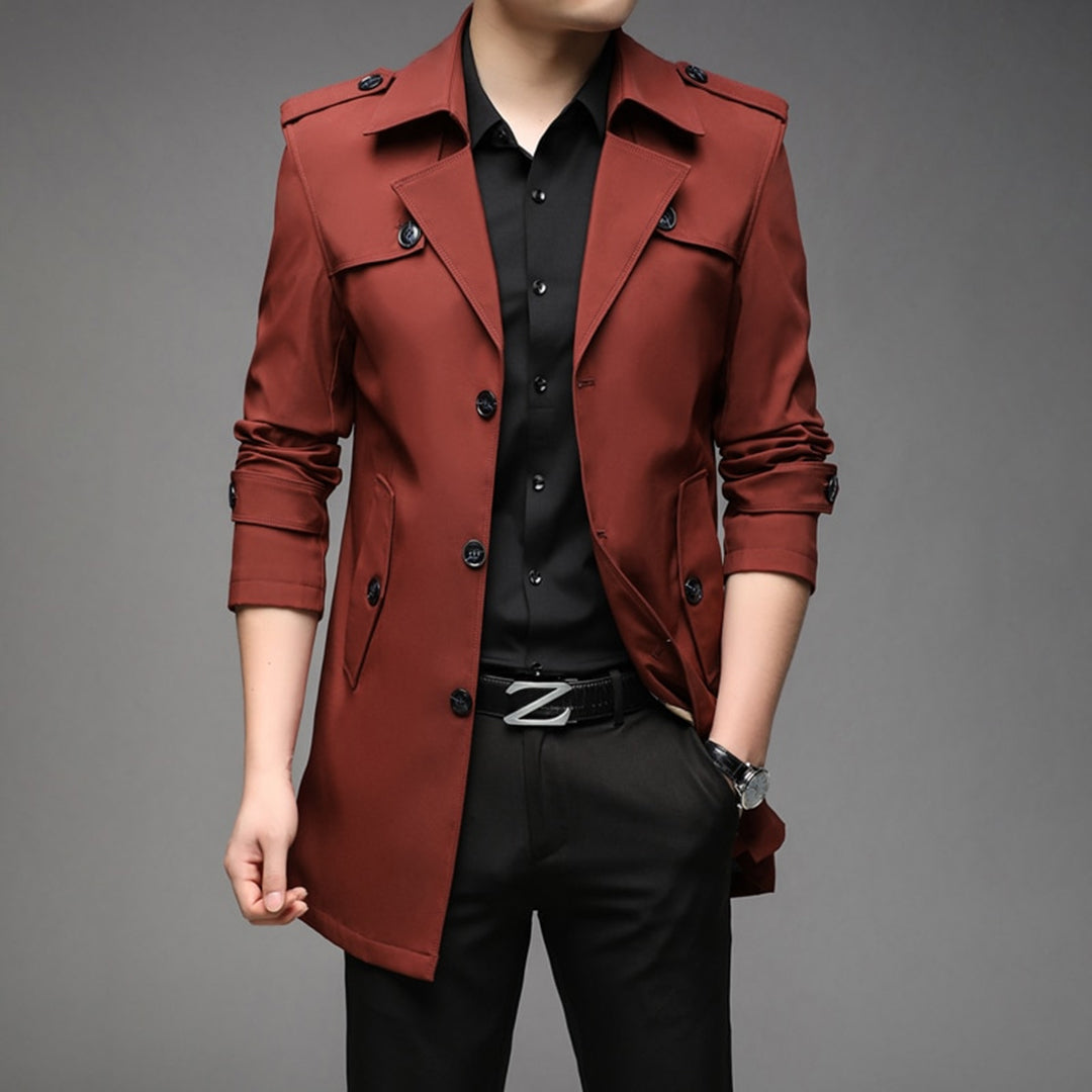 Men's lightweight single-breasted trench coat in classic style with clean front closure for versatile layering
