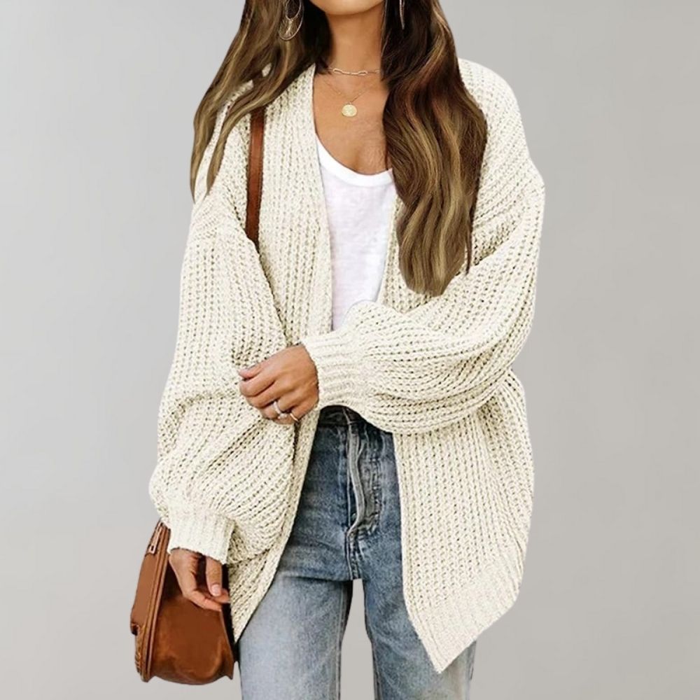 Women's relaxed fit open-front knit cardigan in neutral tone, oversized silhouette for effortless layering