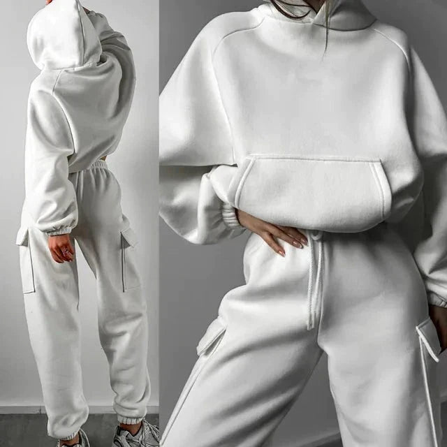 Women's cargo pocket hoodie and joggers matching set relaxed streetwear fit with multi-pocket design