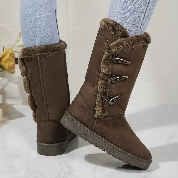 Women's plush snow boots with wool lining, cozy winter style in neutral tones for cold-weather comfort
