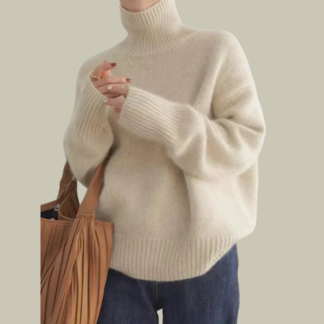 Women's ribbed relaxed fit turtleneck sweater, cozy casual style with elegant textured knit