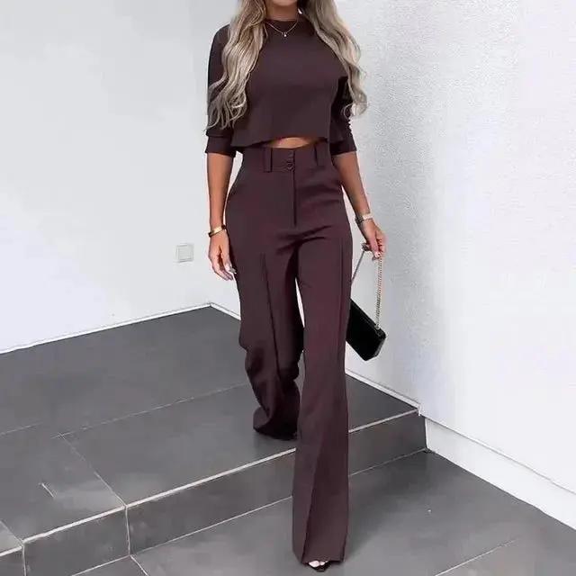 Women's black cropped top and high-rise trousers matching set minimalist two-piece day-to-night