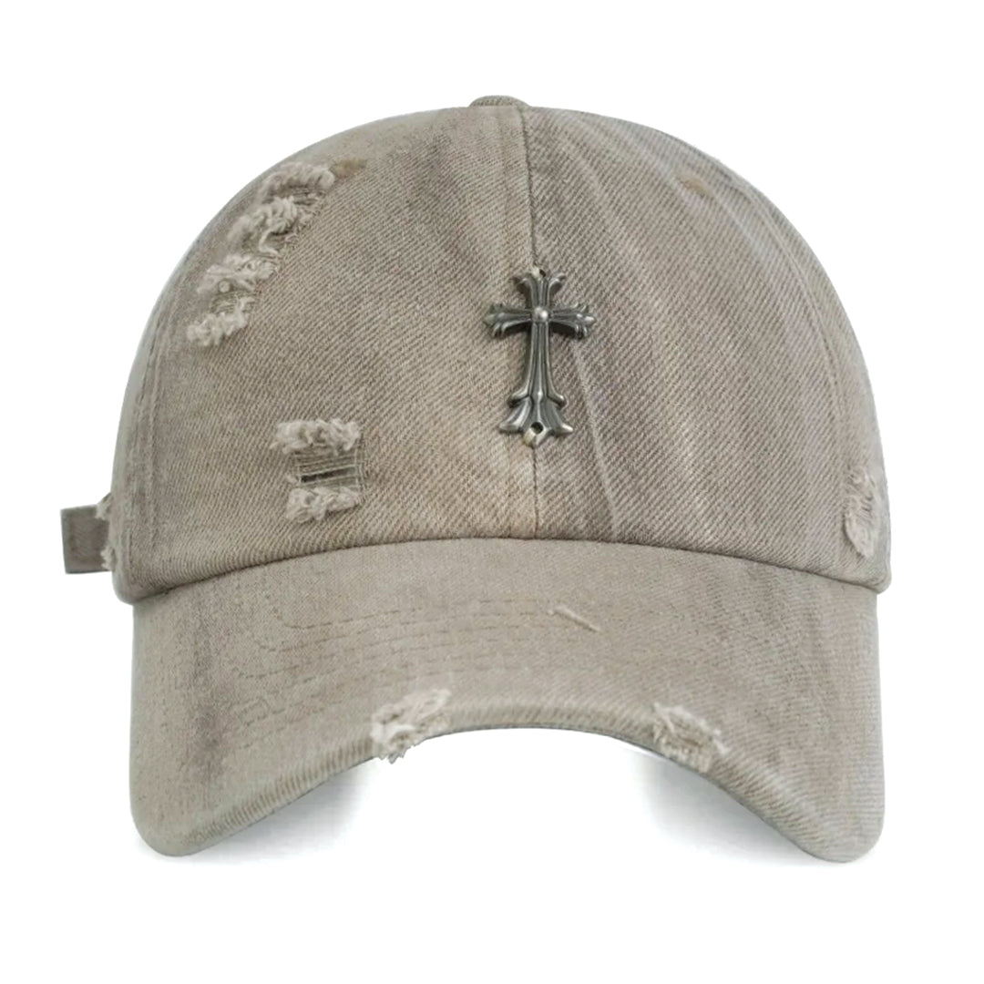 Distressed cotton denim baseball cap with cross emblem, adjustable strap, unisex streetwear style