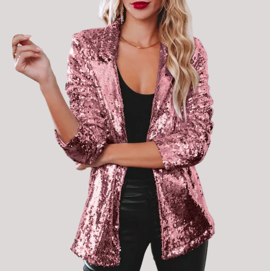 Women's silver sequin open-front blazer loose fit full coverage festive glam party jacket