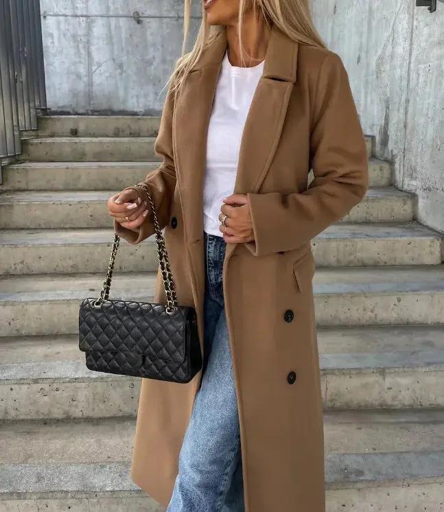 Women's double-breasted winter coat with waist-cinching belt, tailored silhouette, classic elegant style