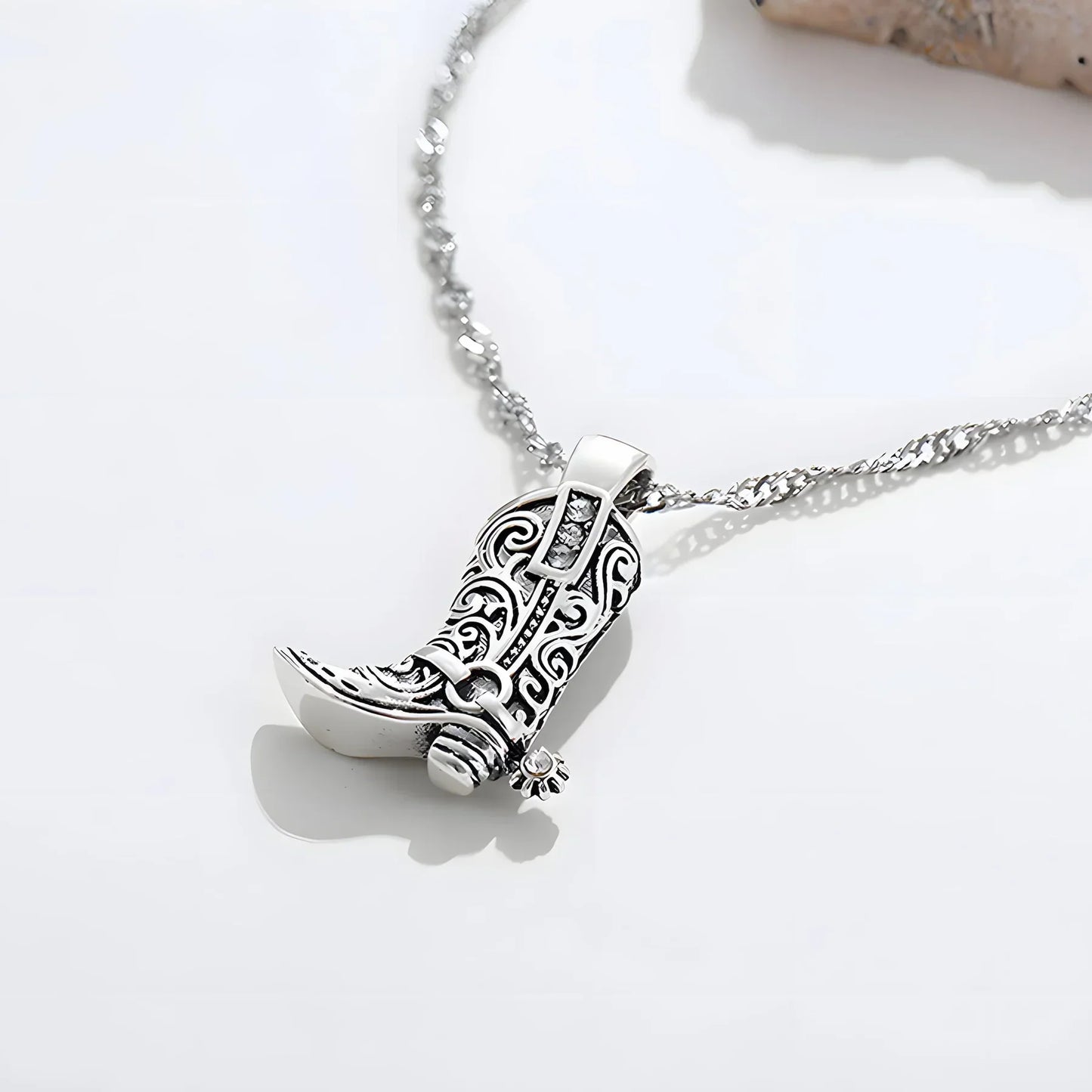 Olivia boot-shaped pendant necklace with rhinestone embellishments and twisted chain western spur accent