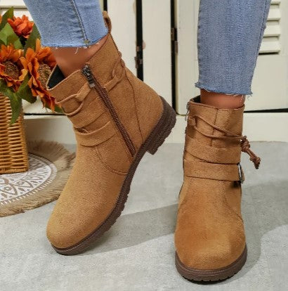 Black women's ankle boots with soft-brushed fabric upper and durable rubber sole for work and evening