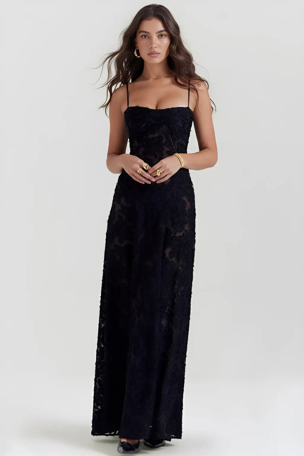 Elegant black evening maxi dress with flattering silhouette and timeless style for formal events