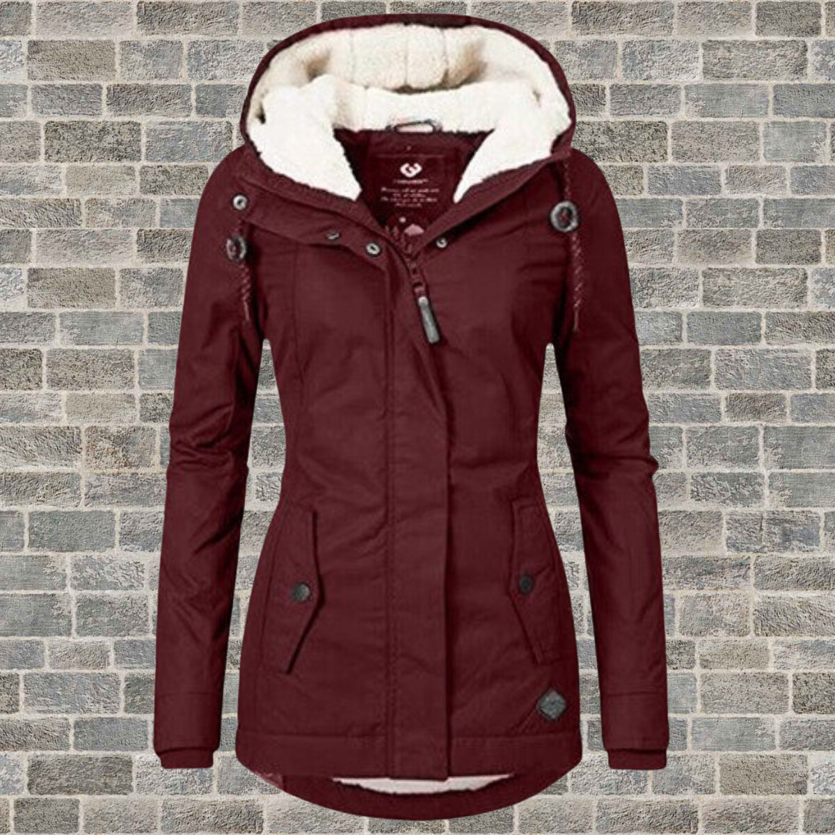 Women's insulated hooded winter coat with inner layer and front pockets for outdoor daily wear