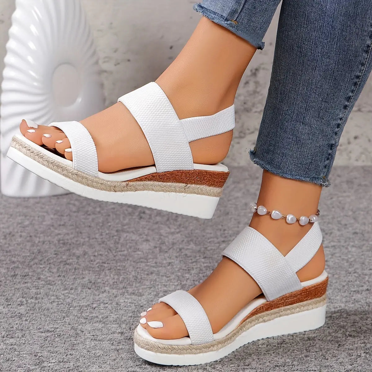 Women's espadrille wedge sandals elastic ankle strap platform sole jute-wrapped summer chic