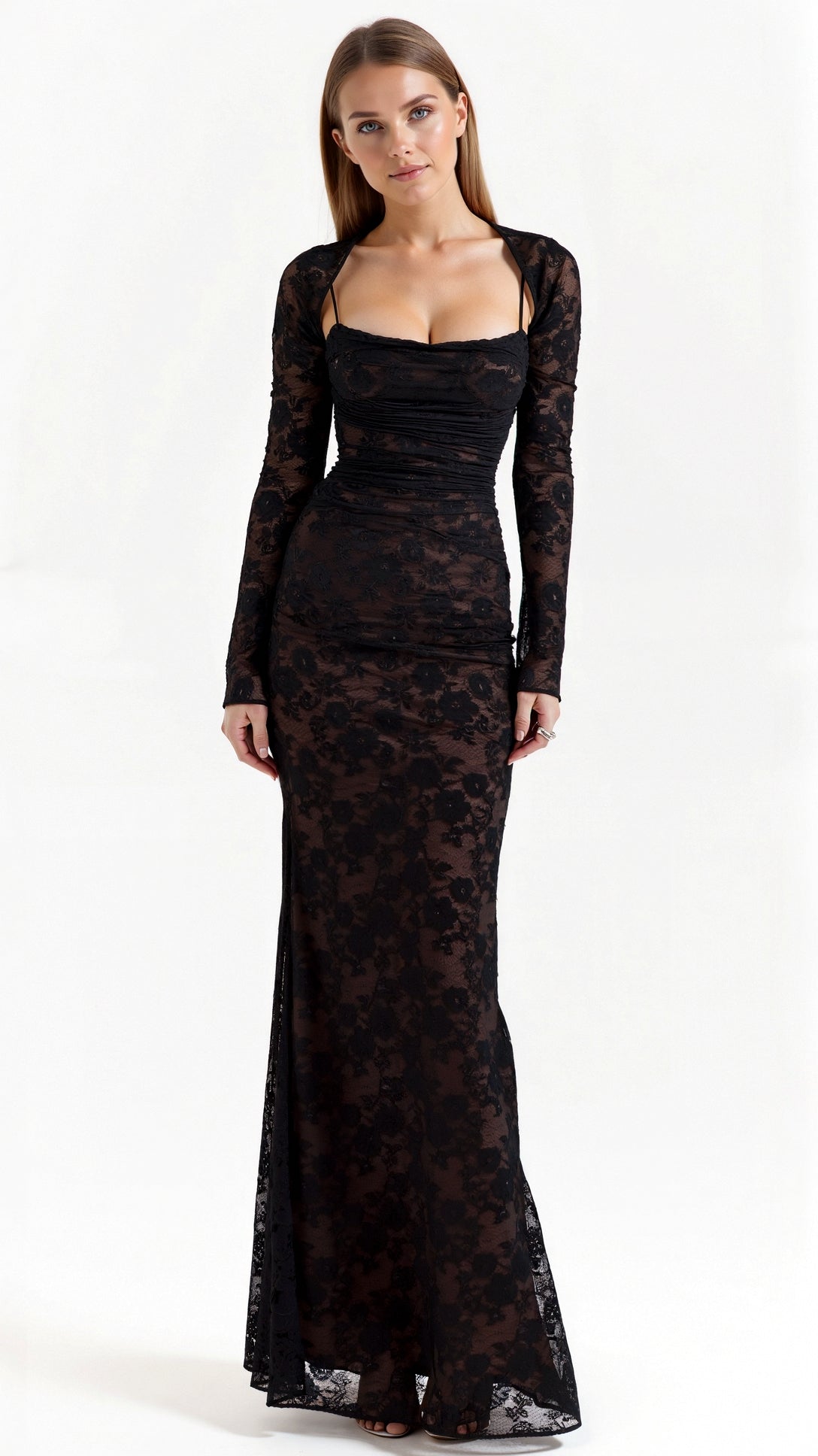 Women's black lace maxi dress, long sleeves, slim fit, floor-length elegant silhouette