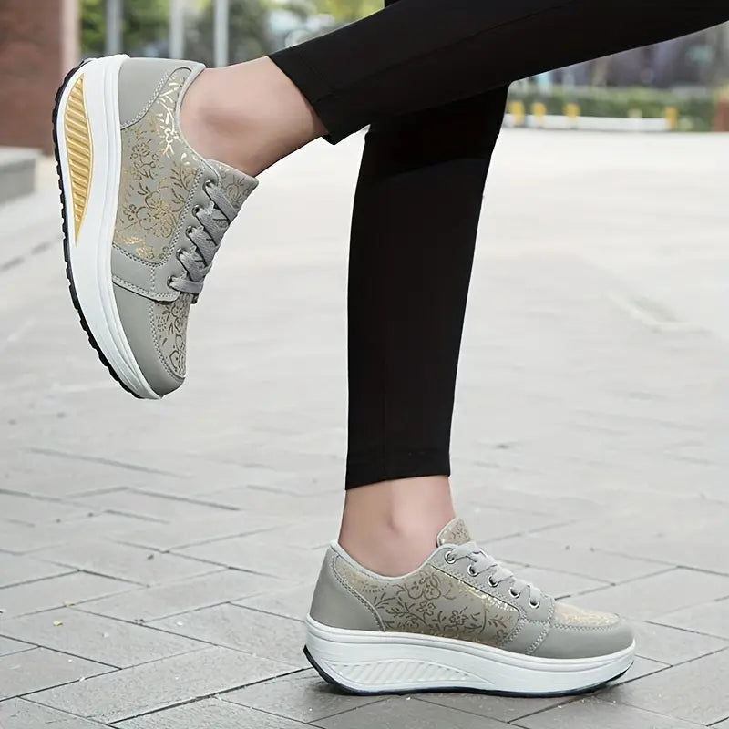 Women's floral canvas lace-up platform sneakers with cushioned insole and feminine botanical print