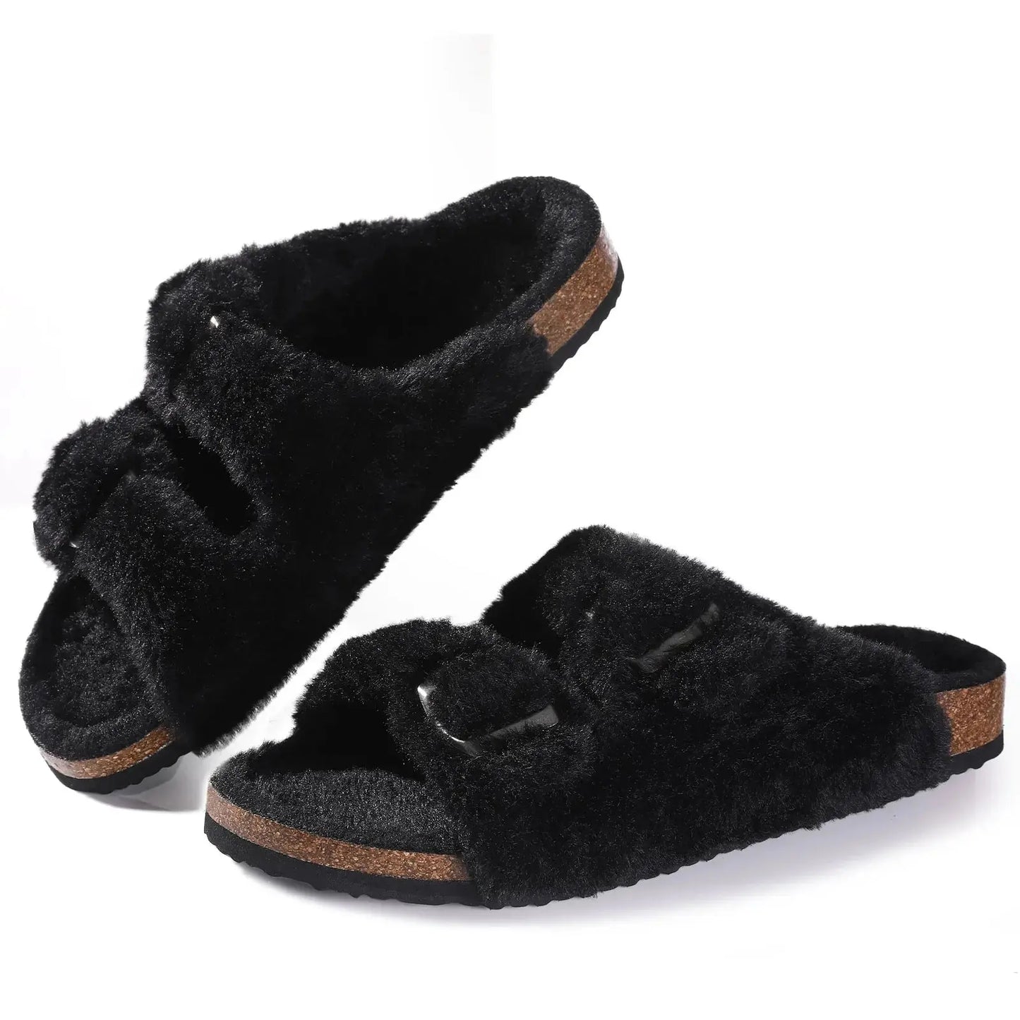 Women's fur-lined suede clogs with adjustable buckle, cozy plush interior for warm home comfort