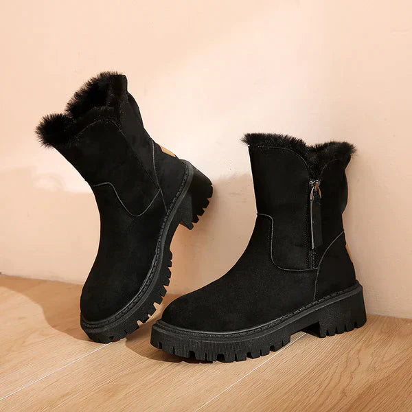 Women's winter ankle boots with faux fur trim, side zipper, durable grip sole for cold weather
