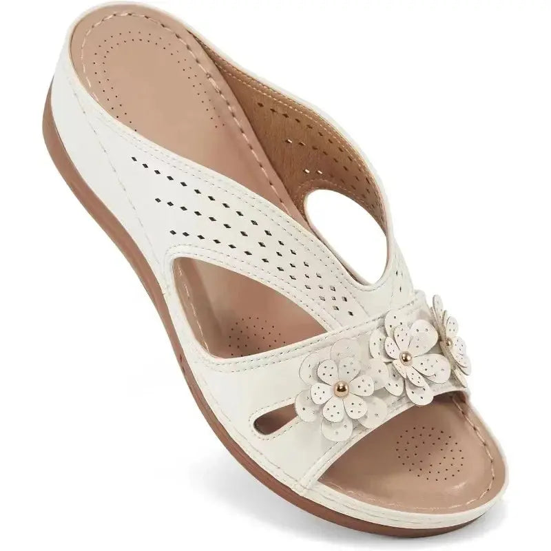 White women's hollow wedge platform sandals lightweight non-slip flower pattern casual beach