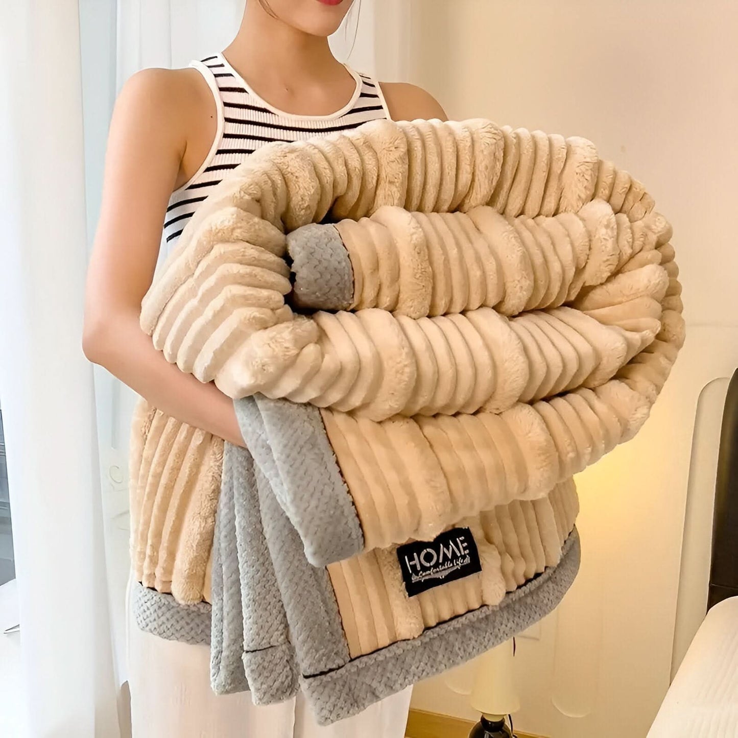 Ribbed plush throw blanket ultra-soft thick fleece minimalist design for cozy living room bedroom