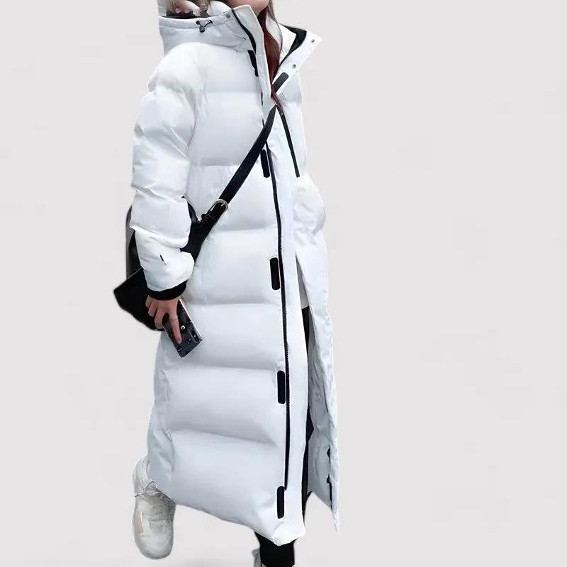 Women's longline hooded puffer parka coat, weatherproof insulated winter jacket with full-length coverage