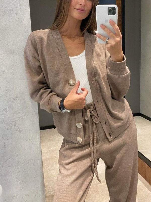 Women's relaxed cardigan drawstring pants set, neutral two-piece lounge coord with effortless casual style