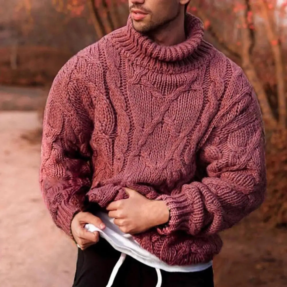 Men's classic chunky knit turtleneck winter sweater in neutral tone, relaxed fit with ribbed collar