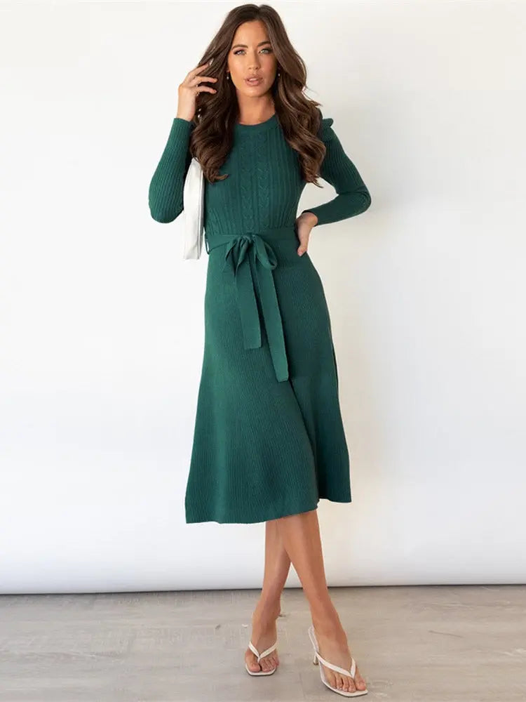 Women's beige knitted midi dress long sleeves cozy structured silhouette autumn essential