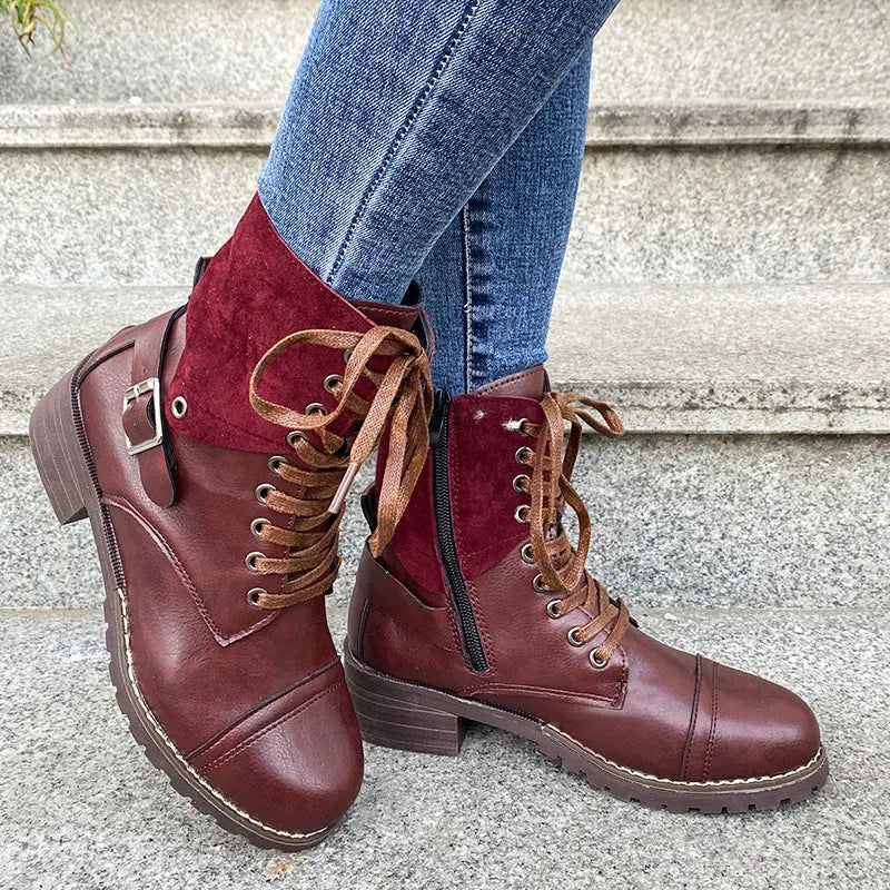 Women's black lace-up fashion boots, combat-inspired silhouette with thick heel for winter warmth