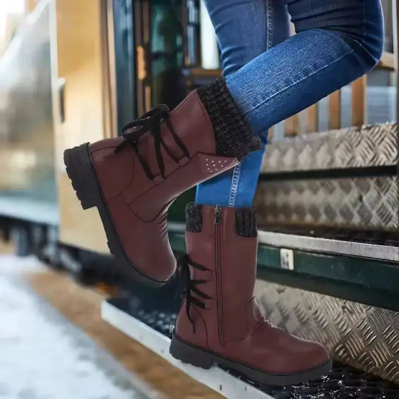 Women's suede lace-up winter boots with warm lining, rugged rubber sole, mid-height heel