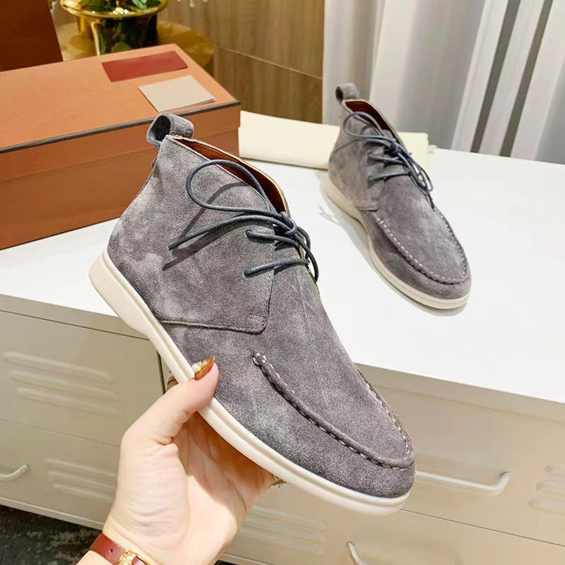 Women's faux suede lace-up flat high-top short boots with round toe and soft rubber sole