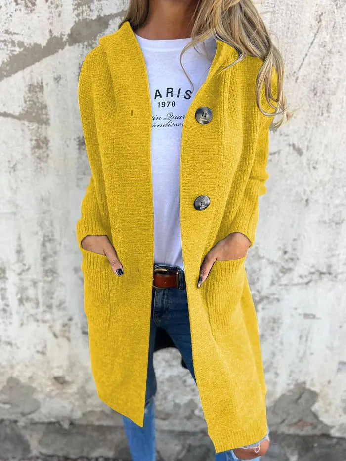 Women's long hooded cardigan cozy soft knit longline silhouette elegant layering casual style