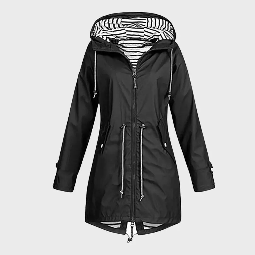 Women's long waterproof rain jacket elegant slim cut all-weather outdoor protection