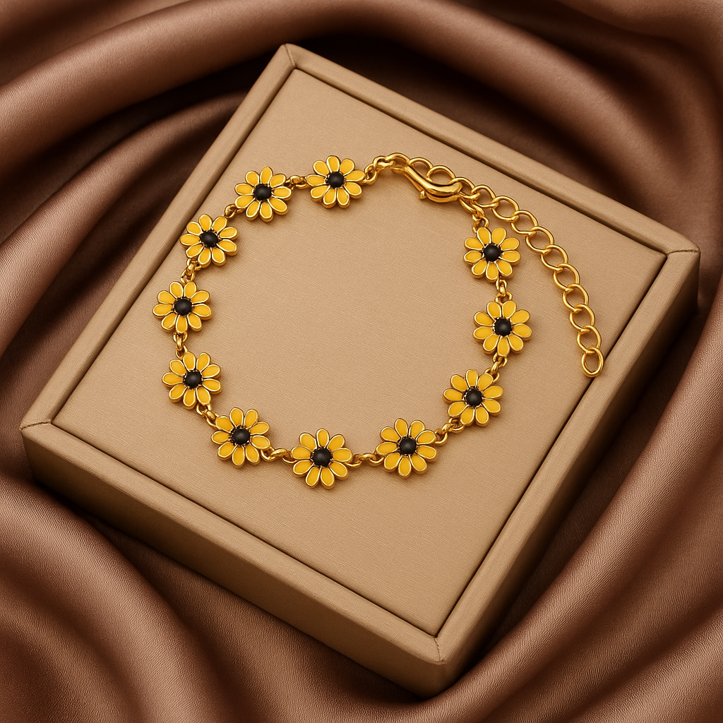 Daisy floral two-piece jewelry set gold necklace and bracelet with delicate daisy charm motif for women