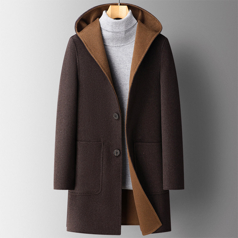 Men's slim-fit reversible wool-blend hooded coat dual-color versatile outerwear for modern casual style