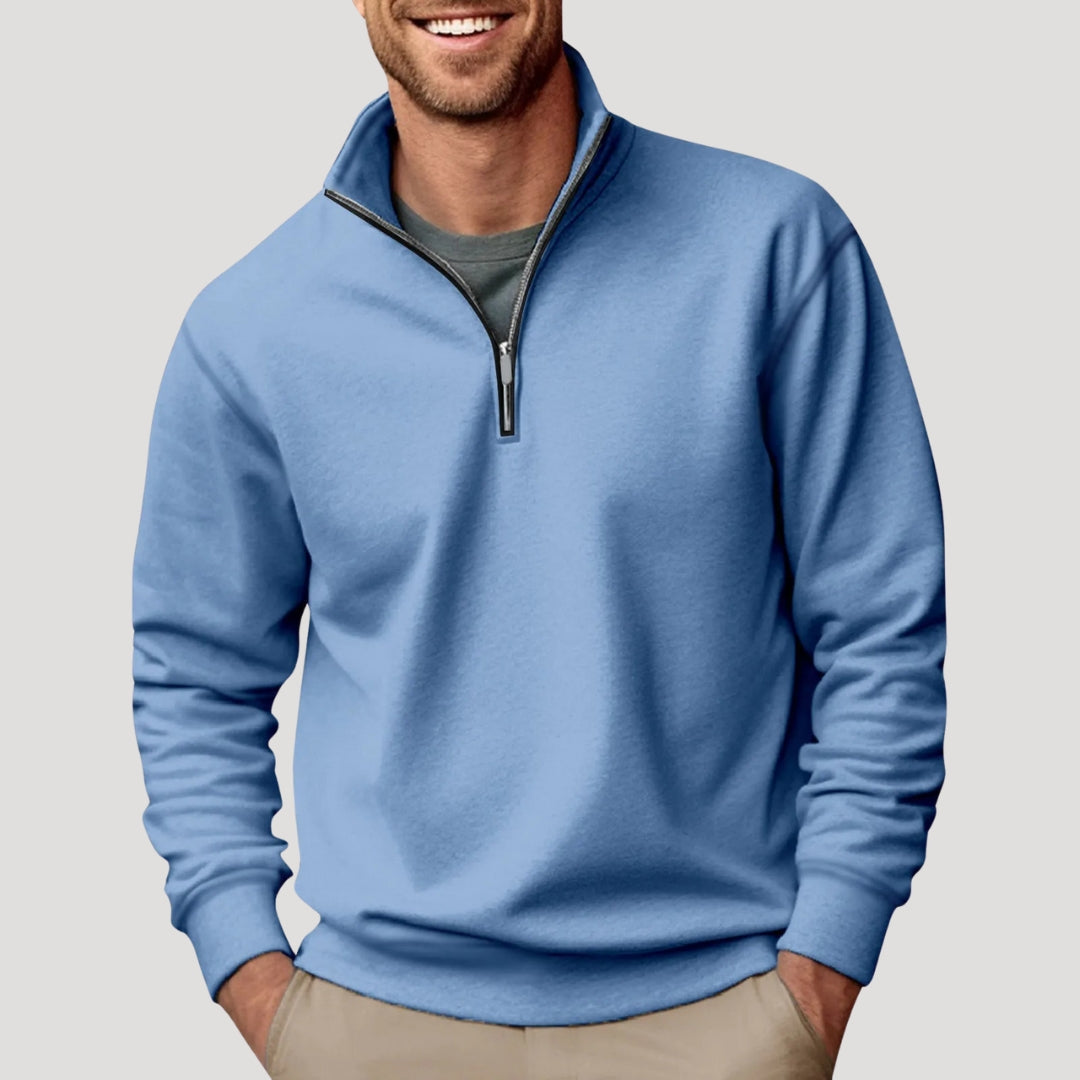 Men's casual gray quarter zip sweatshirt with relaxed fit and adjustable collar for everyday layering