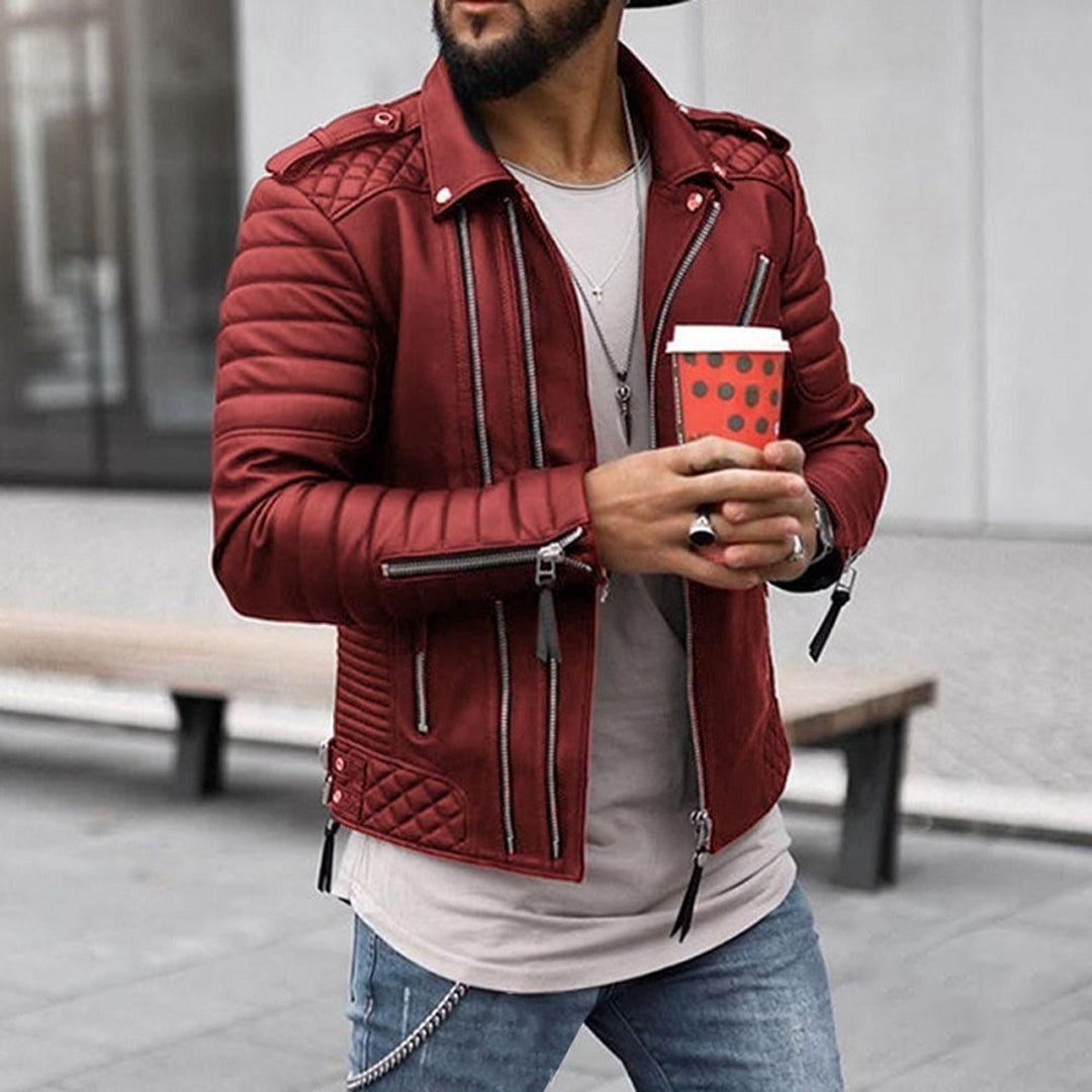 Men's black zip-up moto biker jacket with quilted shoulders and bold urban motorcycle-inspired design
