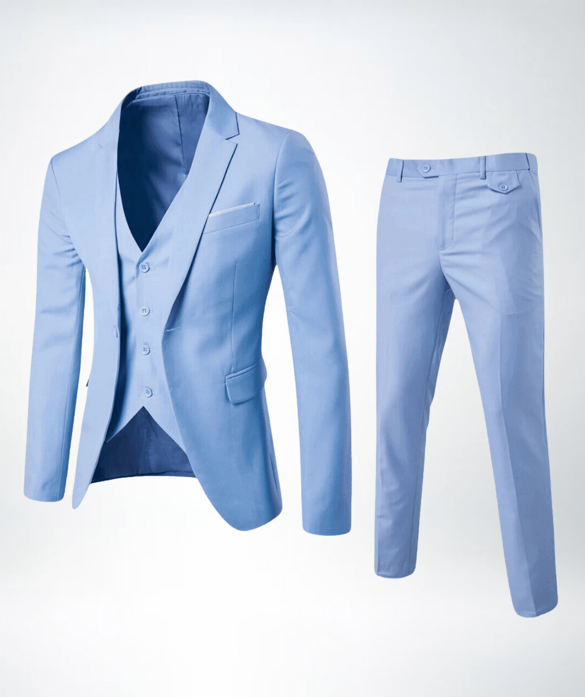 Men's classic three-piece formal suit set in timeless navy, blazer vest trousers slim professional cut