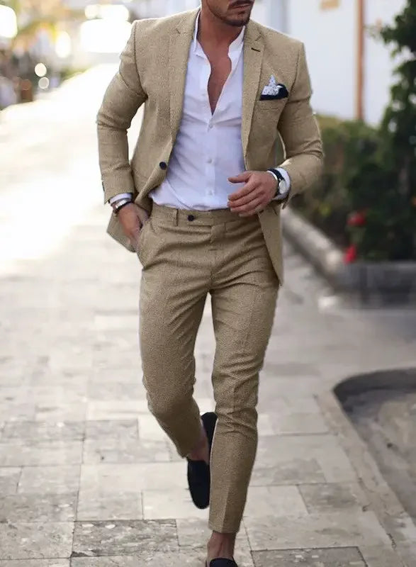 Men's slim fit two-piece suit charcoal tailored blazer matching trousers wedding formal occasion