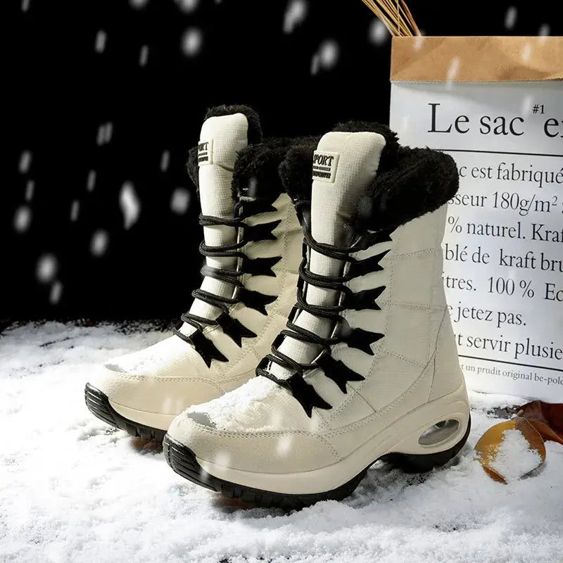 Women's mid-calf waterproof snow boots with warm plush lining and slip-resistant soles for winter