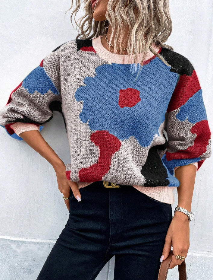 Women's floral print pullover sweater cozy knit feminine vibrant pattern soft everyday comfort all seasons