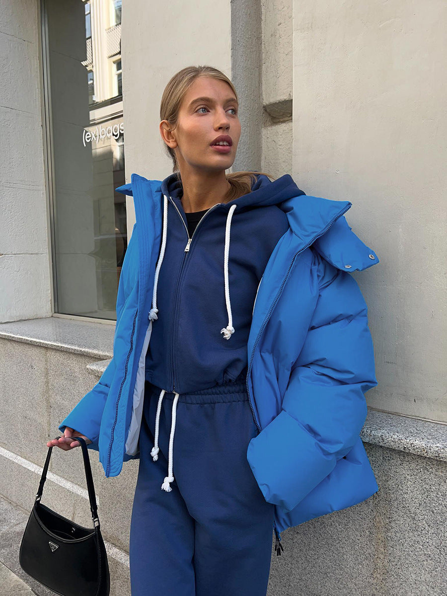 Women's oversized quilted padded jacket with hood, hip-length cozy everyday warmth layer