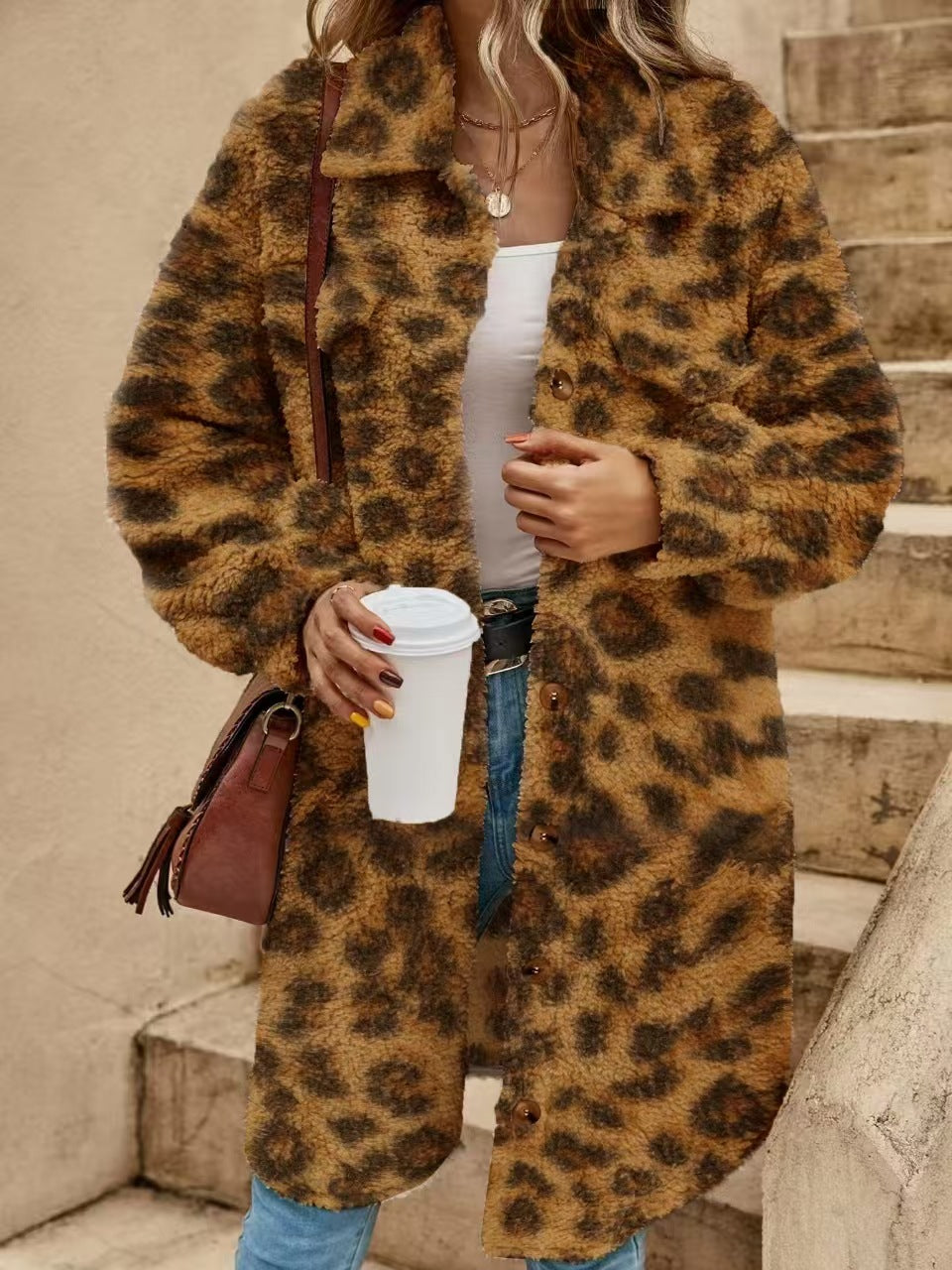 Women's oversized sherpa coat cozy fit with button closure and chest pockets in neutral tone