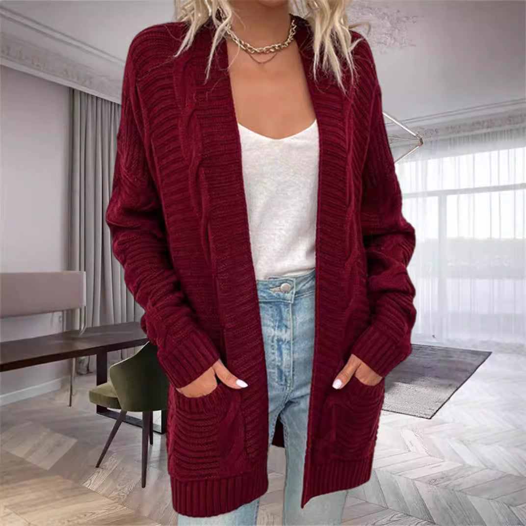 Women's oversized chunky knit open-front cardigan wool blend with pockets, relaxed drapey fit
