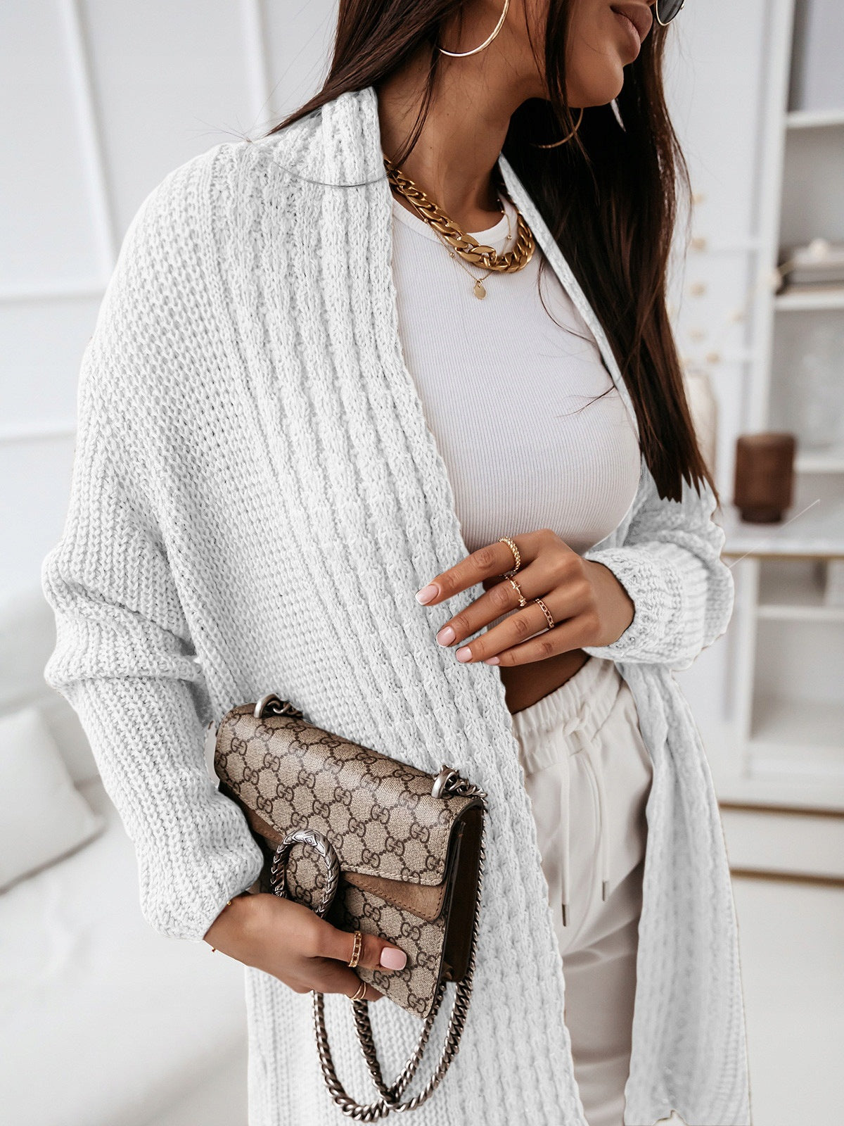 Women's long open-front ribbed knit cardigan relaxed fit neutral tone everyday comfort layer