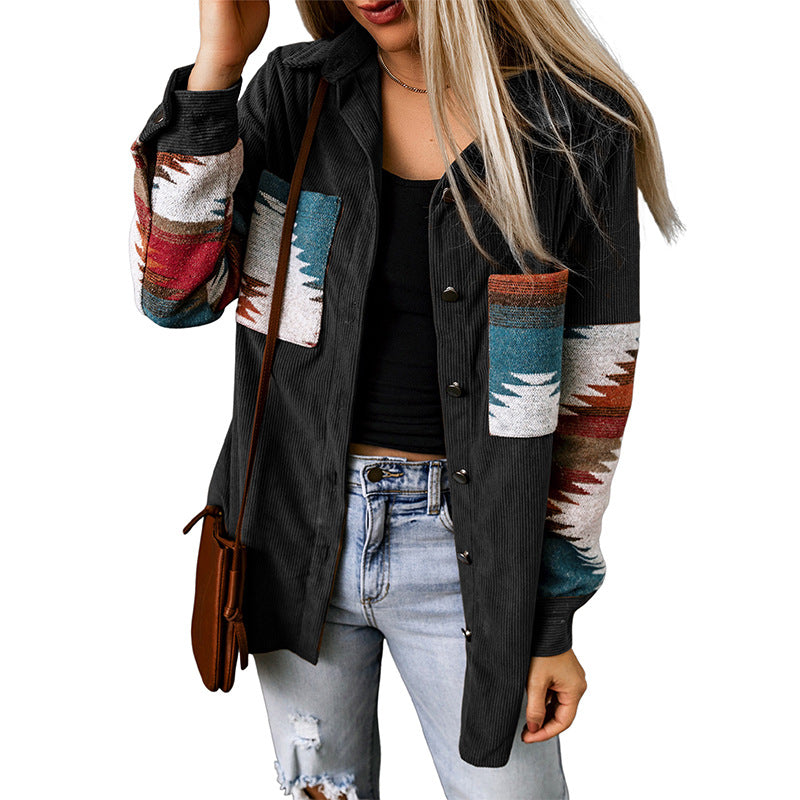 Women's corduroy cardigan jacket relaxed fit with Aztec pattern button closure cozy layering style