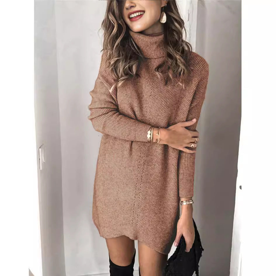 Women's ribbed knit turtleneck dress relaxed fit long sleeves everyday chic style