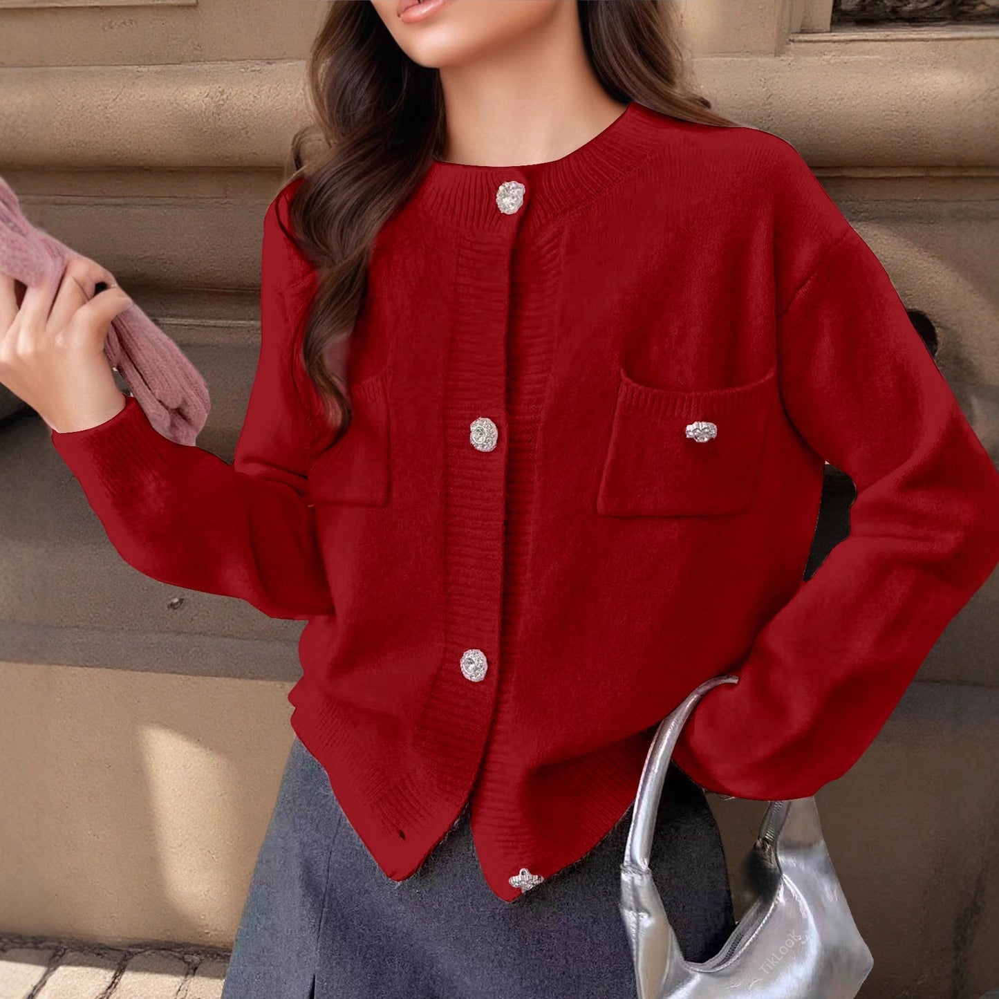 Women's wool blend relaxed fit cardigan with button closure and decorative pockets, casual knit style