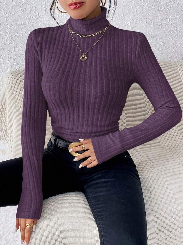 Women's slim fit turtleneck sweatshirt ribbed knit soft wool-feel cozy autumn winter pullover