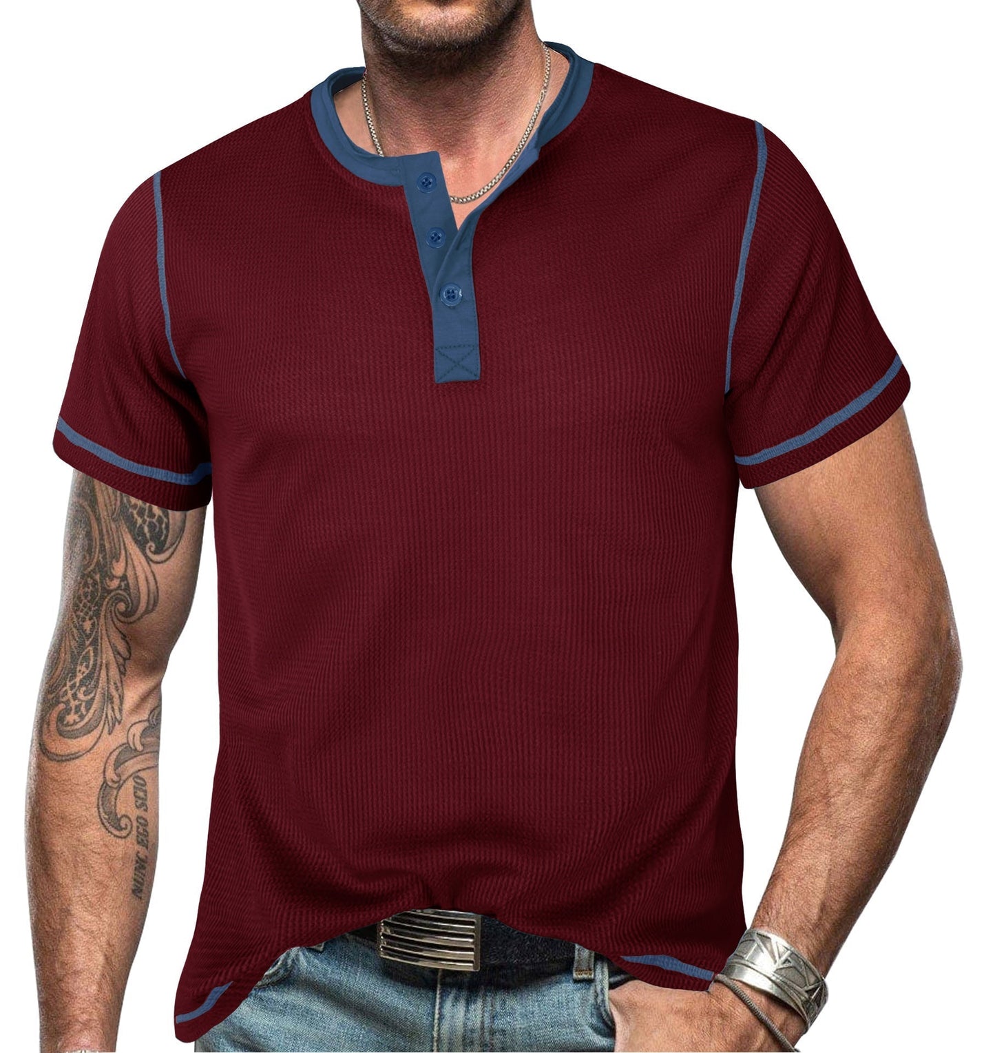 Men's slim fit Henley T-shirt breathable cotton short sleeve with button closure casual urban style