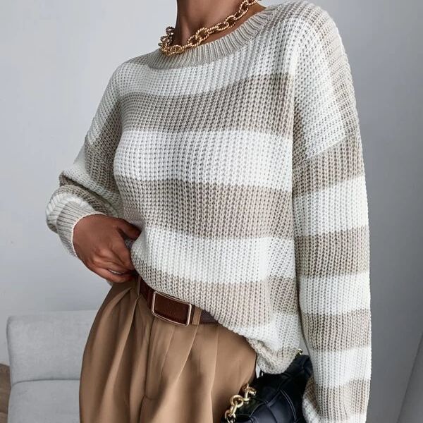 Women's relaxed fit striped crewneck sweater in luxurious wool blend, cozy casual style