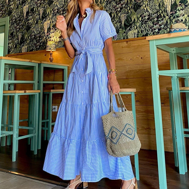Women's relaxed-fit midi dress in neutral tones with belted waist and button closure for everyday style