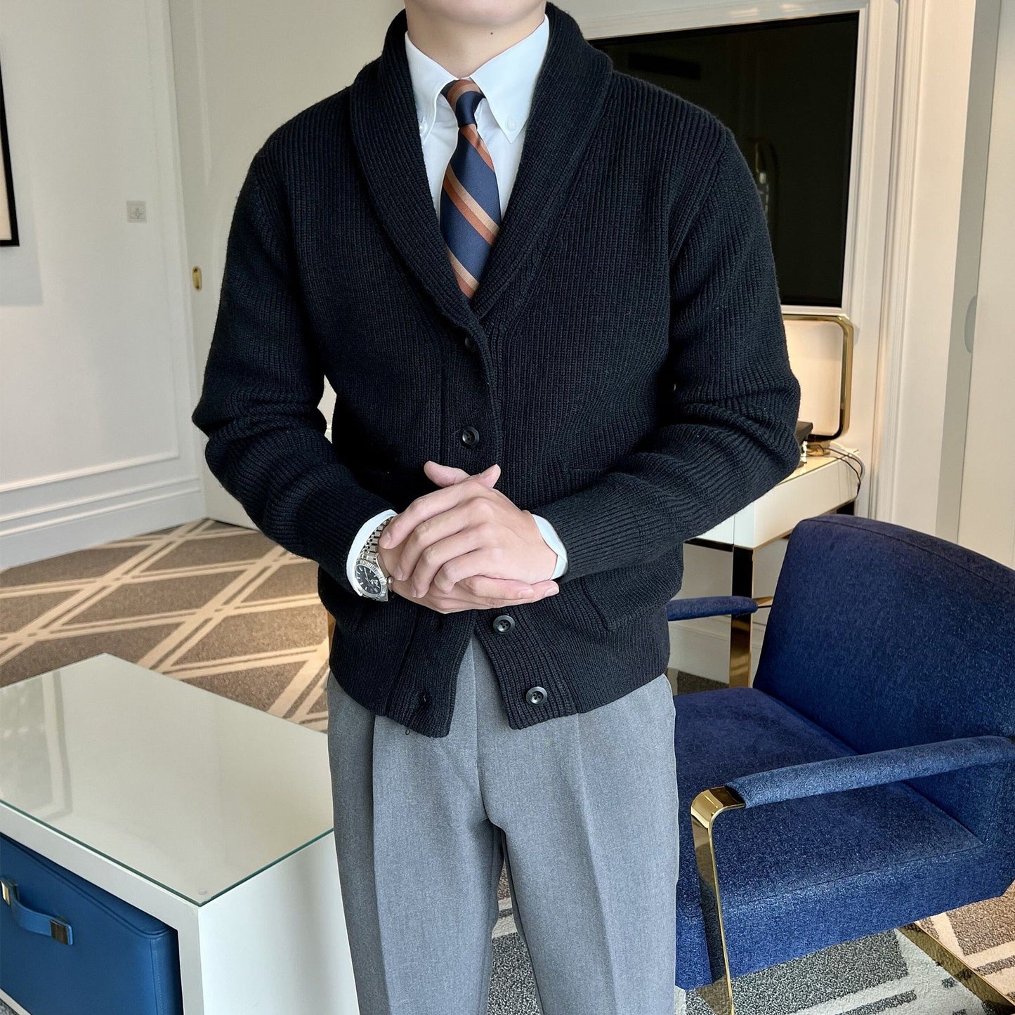 Men's Cardigan – Relaxed Fit – Shawl Collar – Button Closure – Rib Details