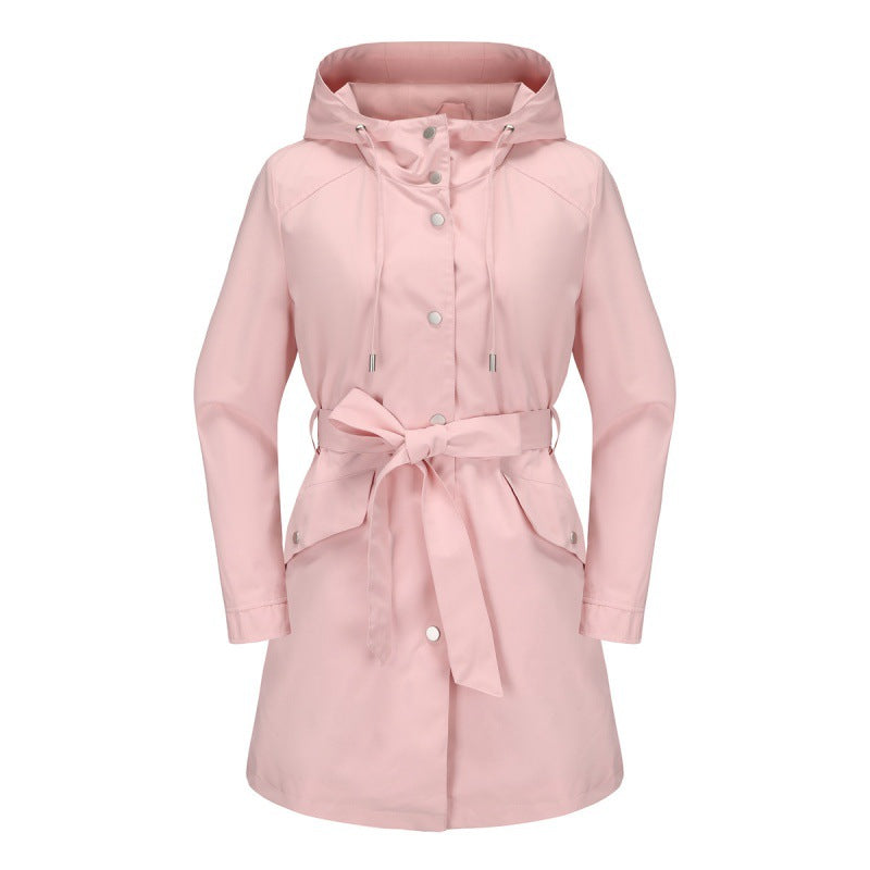 Women's beige relaxed-fit mid-length trench coat with hood, waist belt, water-resistant finish